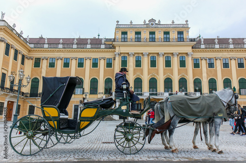VIENNA, AUSTRIA - 22-10-2018: Horse - drawn carriage or Fiaker, popular tourist attraction, on Michaelerplatz and Hofburg Palace.
