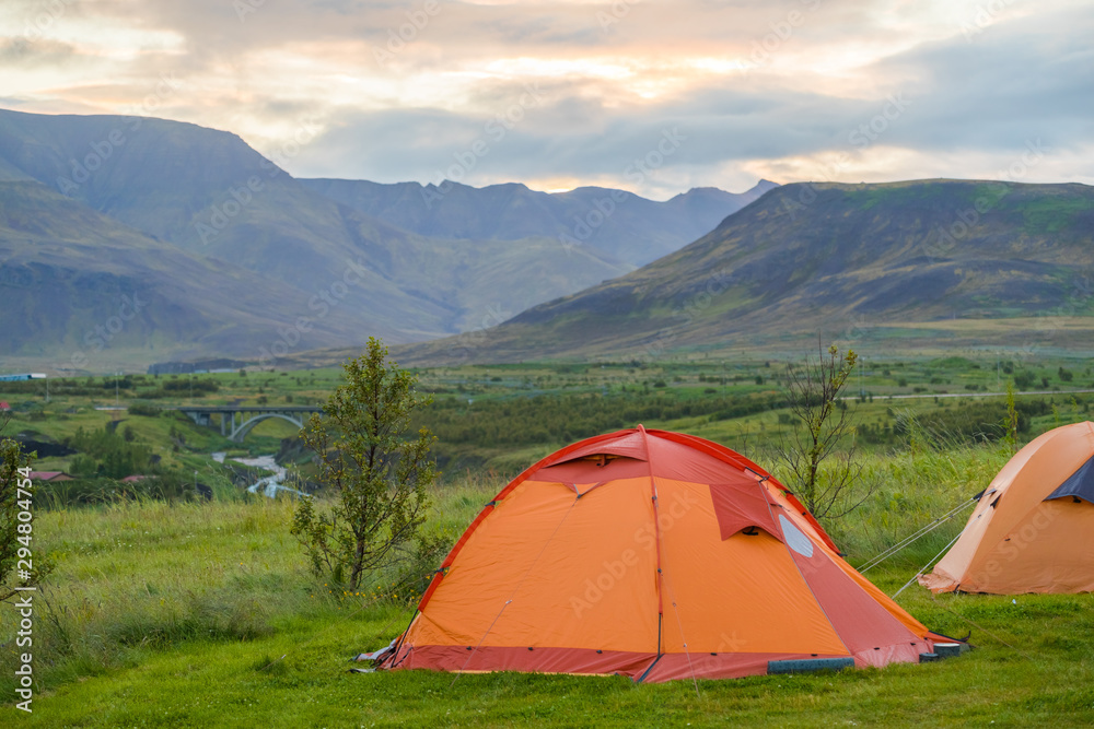 Picture of landscape with a camping tent near reykjavik in Iceland, Summer Time