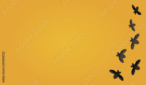 Halloween Karte mit vielen Fledermäusen von rechts auf gelbem Hintergrund