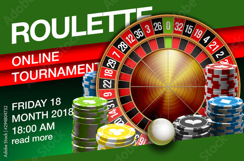 illustration Online Poker casino banner with american roulette on green surface table. Marketing Luxury Banner Jackpot Online Casino classic roulette. Advertising poster with green flat paper for text