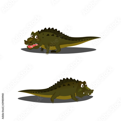 Two Green Alligators with Mouth Open and Closed - Cartoon Vector Image
