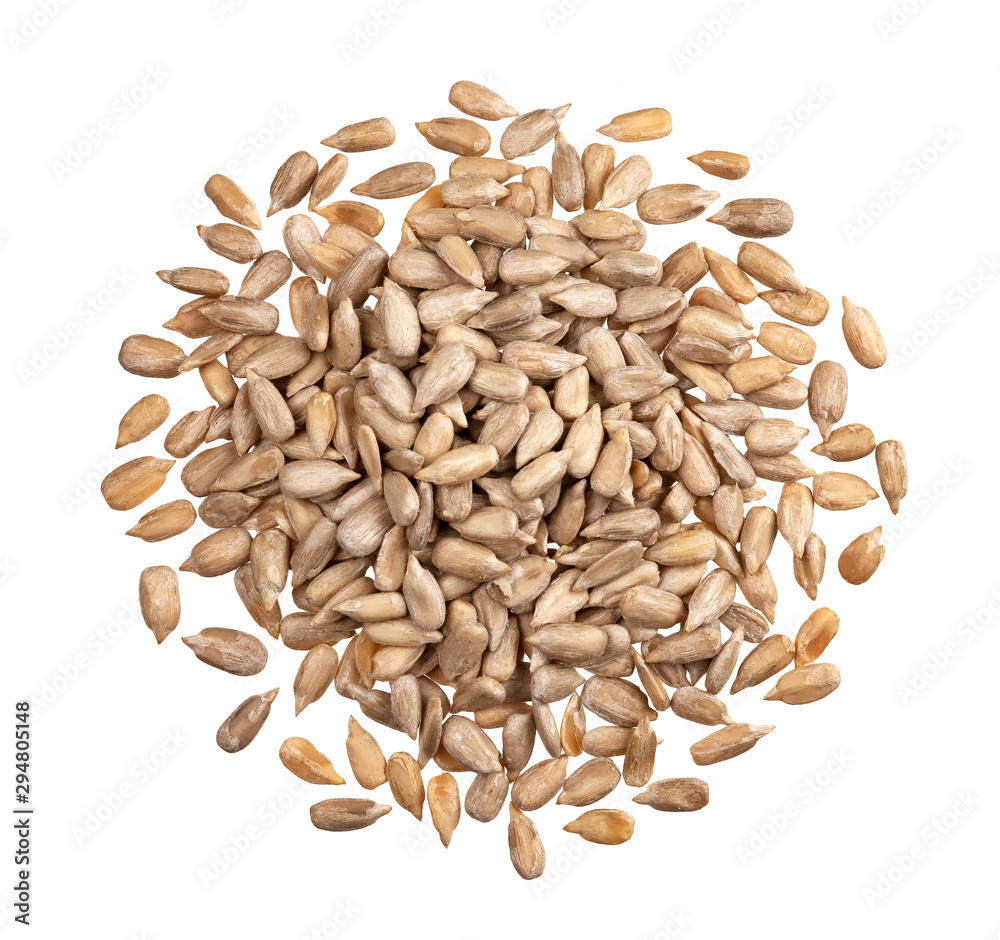Peeled sunflower seeds isolated on white background with clipping path, top view - obrazy, fototapety, plakaty 