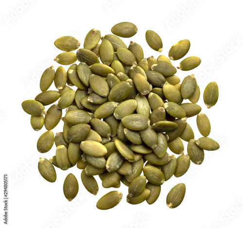 Peeled pumpkin seeds isolated on white background with clipping path, top view