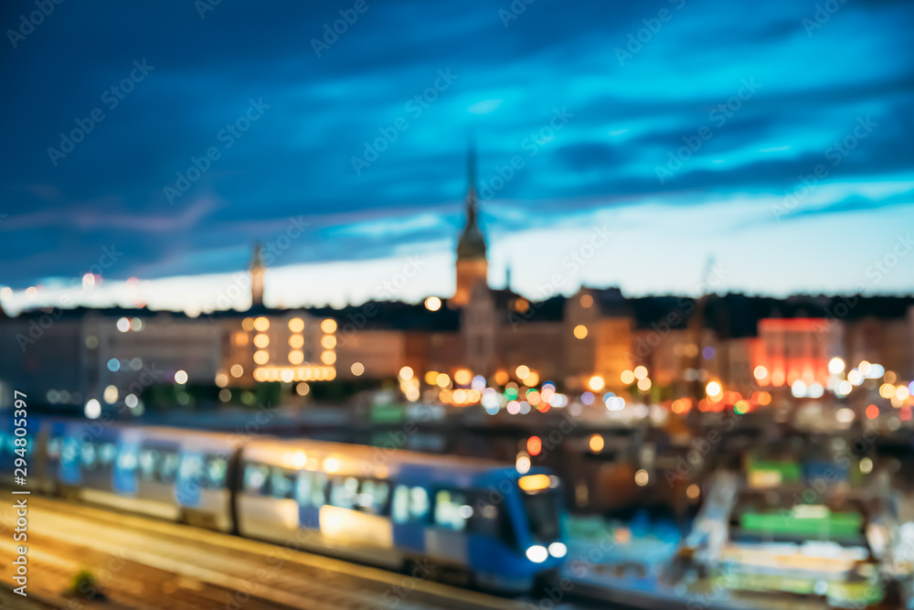 Stockholm, Sweden. Night Skyline Abstract Boke Bokeh Background. Design Backdrop. Subway Train