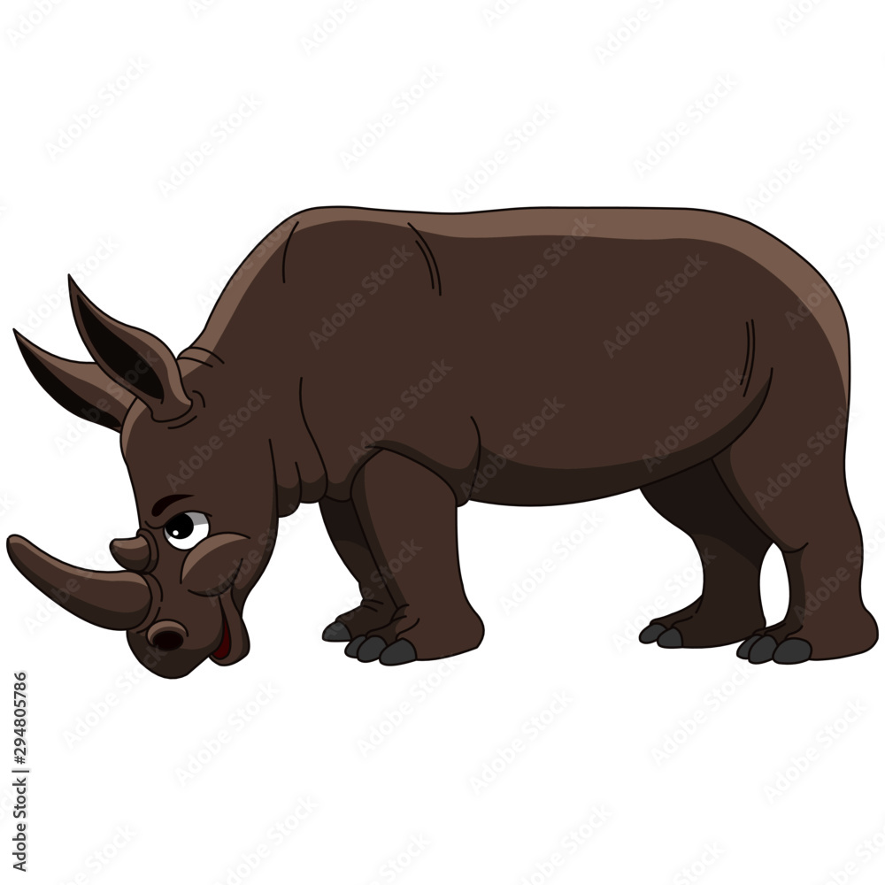 Big Brown Rhinoceros with Horn Side View - Cartoon Vector Image
