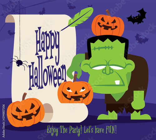 Happy Halloween. Frankenstein monster character holding halloween pumpkin with retro paper scroll - vector mascot character