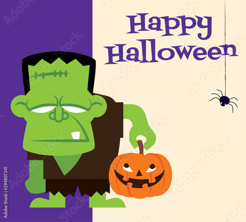 Happy Halloween. Cartoon Frankenstein monster character holding pumpkin with Halloween signboard - vector character