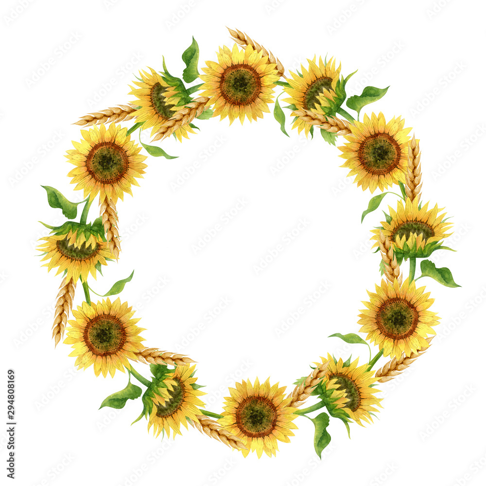 Watercolor wreath with sunflowers and wheat ears isolated on white background. Watercolor round frame. Hand-drawn clipart. Realistic style. Watercolor wreath with sunflowers and wheat ears isolated on white background. Watercolor round frame. Hand-drawn clipart. Realistic style.