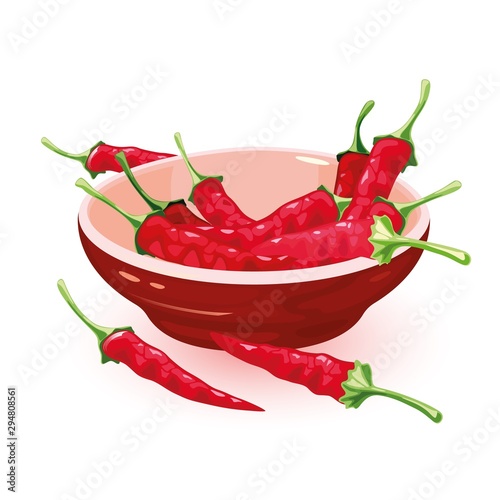 Dried red chili peppers with sharp taste are in ceramic bowl. Spice with pungent flavor adding heat to different dishes. Indian, Indonesian, Malaysian cuisine. Cartoon vector isolated on white.