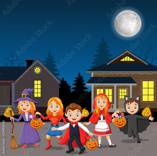 Happy halloween party kids wearing costumes 