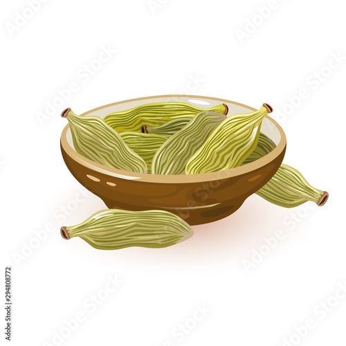 Obraz na plátně Green cardamom or cardamon pods are in ceramic bowl and near it