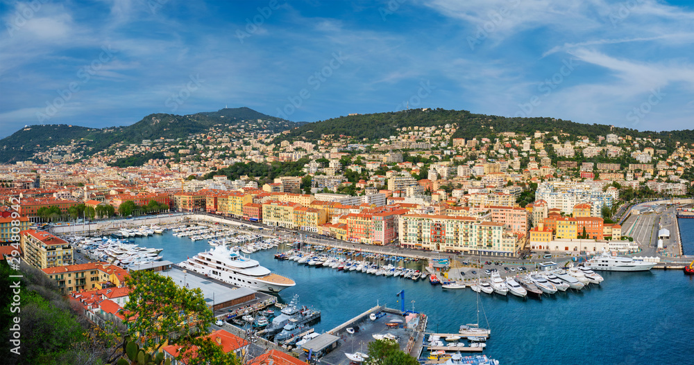 Panorama of Old Port of Nice with yachts, France