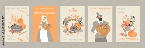 Set of thanksgiving banners with cute pilgrim characters and emblems from plants and vegetables and turkey photo
