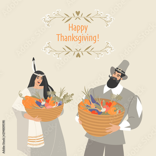 Fotografie, Obraz Thanksgiving card with pilgrim and native american characters holding baskets wi