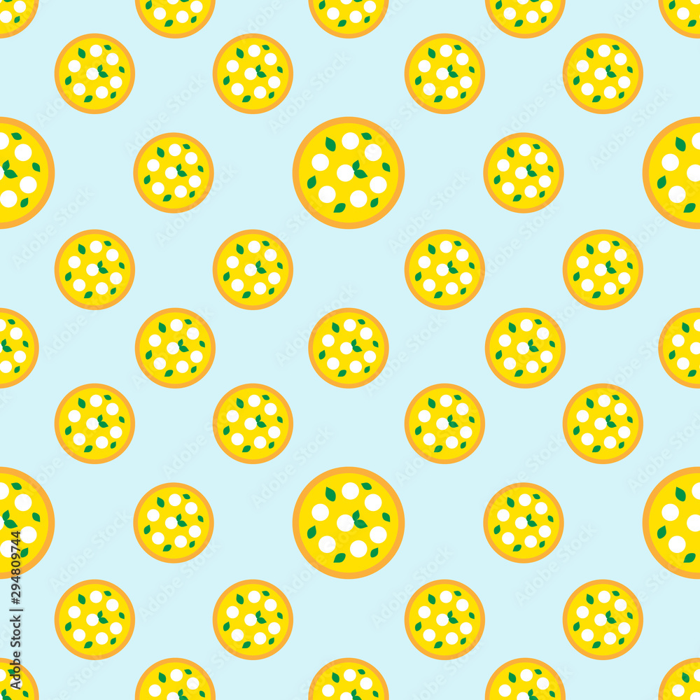 Seamless repeat pizza pattern. Pizza with mozzarella and basil on the light blue background. Vector illustration for banners, posters, cards, wrapping paper, packaging Seamless repeat pizza pattern. Pizza with mozzarella and basil on the light blue background. Vector illustration for banners, posters, cards, wrapping paper, packaging