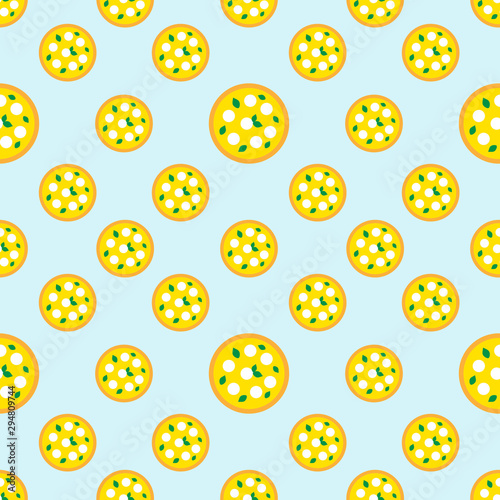 Seamless repeat pizza pattern. Pizza with mozzarella and basil on the light blue background. Vector illustration for banners, posters, cards, wrapping paper, packaging