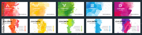 Fototapeta Big set of bright colorful business card template with vector watercolor background
