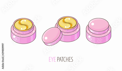 Set hydrogel golden cosmetic eye patch in a pink jar. Cosmetic product for skin. Patches under the eyes. ollagen mask. Korean cosmetics. Facial skin care. Beauty product for eye care photo