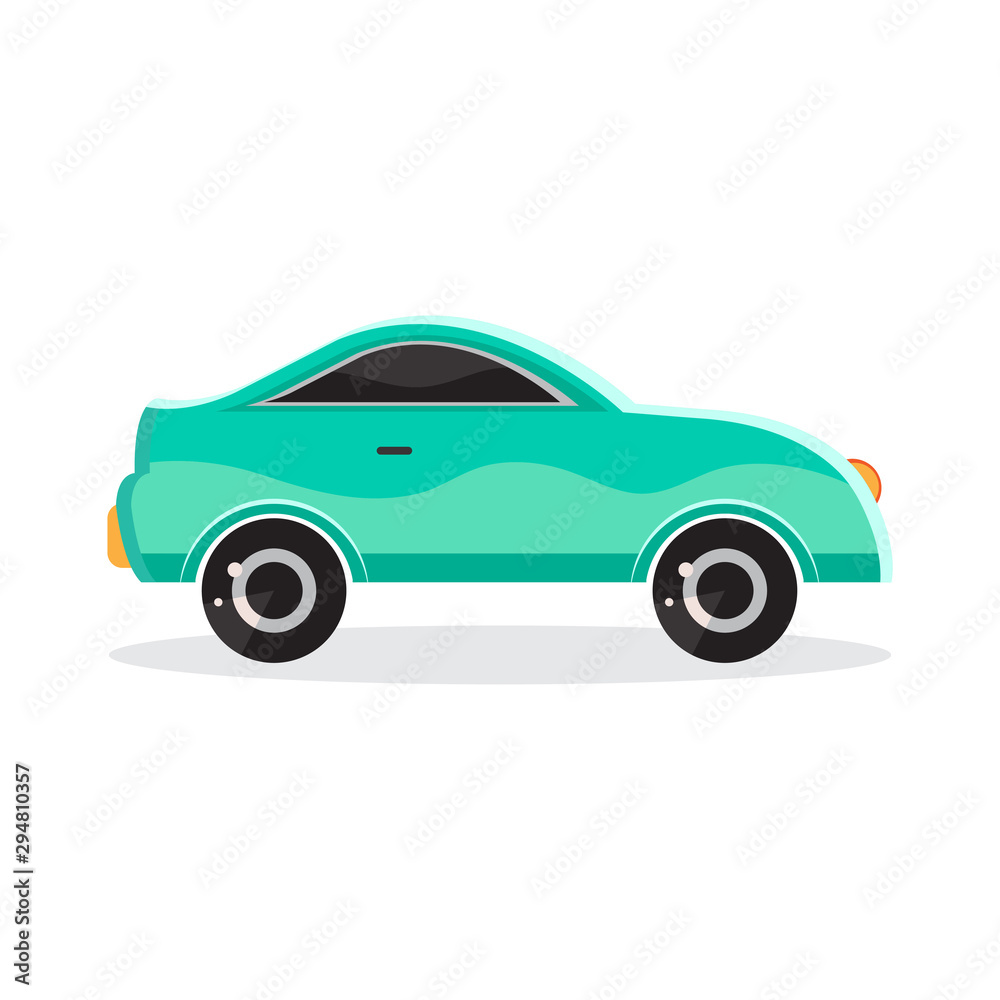 Green cartoon car in flat vector. Transport vehicle. Toy car in children's style. Fun design for sticker, logo, label. Isolated object on white background. The view from the side.