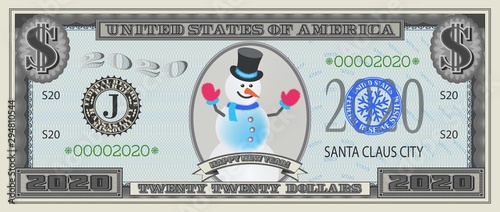 Banknote Happy New Year 2020 dollars with a snowman