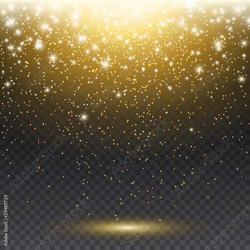 Gold glitter particles and lights effect for luxury greeting card. Vector glowing golden shimmer texture with confetti for New Year, Christmas design. Star dust sparks on transparent background.