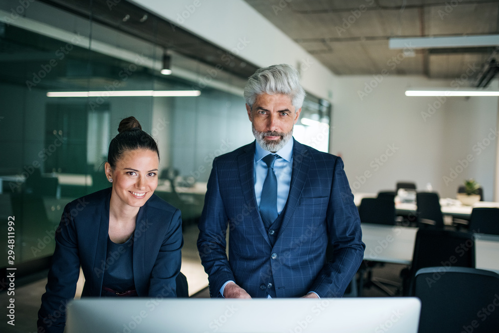 Two businesspeople with computer standing in an office at desk. Two businesspeople with computer standing in an office at desk.