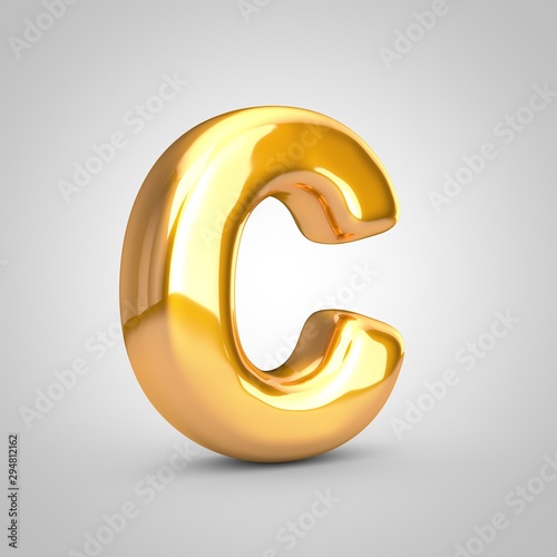Golden metallic balloon letter C uppercase isolated on white background.