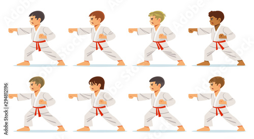 Kids wearing kimono and karate training. Young, beautiful, successful multi ethical kids in karate positive