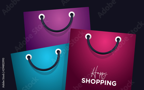 Colorful happy paper shopping bag handle for consumer protection, satisfaction guarenteed, client services etc. Vector EPS.