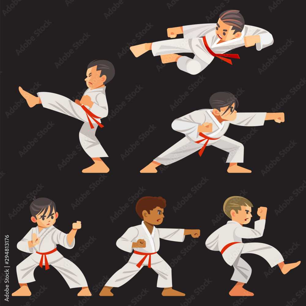 Set of karate boys characters in different positions. Character set, karate workout.