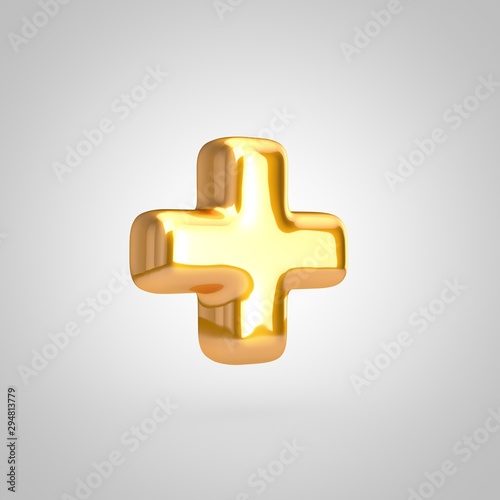 Golden metallic balloon plus symbol isolated on white background.