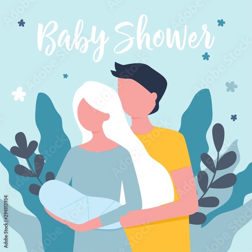 Young happy mother and father with newborn baby on arms. Happy parents family concept. congratulations on a child, kids clothes. Baby shower Invitation. Mom and dad nursing baby