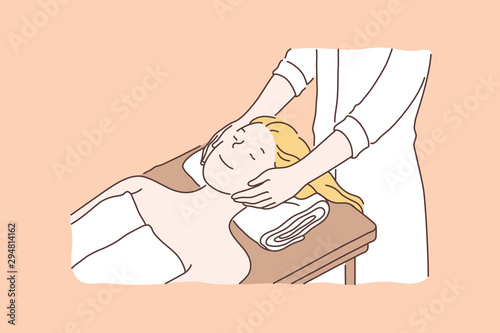 Professional spa salon, beauty services concept. Relaxed woman enjoying face lifting massage lying on couch, cosmetologist making skincare procedures. Simple flat vector