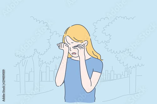 Depression, frustration and loneliness concept. Sad girl crying in park closing eyes with hands, emotionally unstable blonde woman weeping in despair outdoors. Simple flat vector