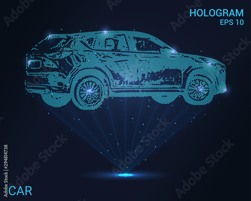 Hologram car. A holographic projection of the SUV car. Flickering energy flux of particles. Scientific transport design.