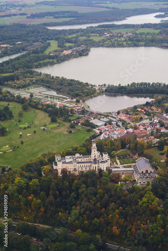 View of the landscape from a sports plane on the Czech Republic, South Bohemia Castle and chateau Hluboka nad Vltavou.