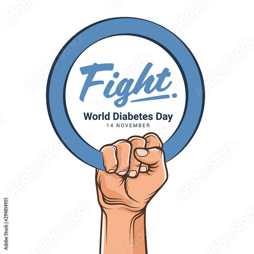 world diabetes day with hand hold blue circle ring and fight text vector design