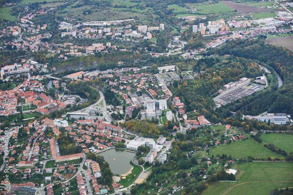 Landscape view from sport plane on Czech Republic, Sumava, South Bohemia.