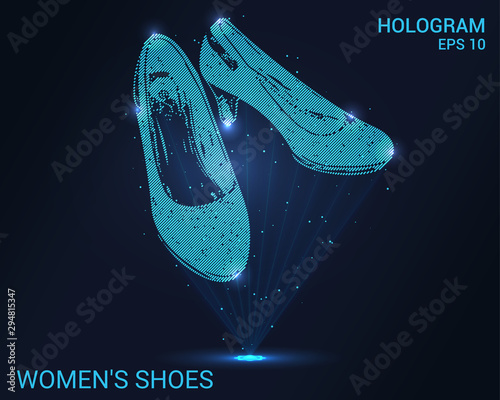 Hologram women's shoes. Holographic projection of women's shoes. Flickering energy flux of particles. Scientific fashion design.