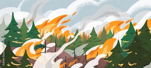 Forest fire flat vector illustration. Dangerous wildfire in Siberian taiga. Burning Russian woodland. Global warming, natural disaster. Fir trees in flame and smoke in air. Dry woods, pines in fire.