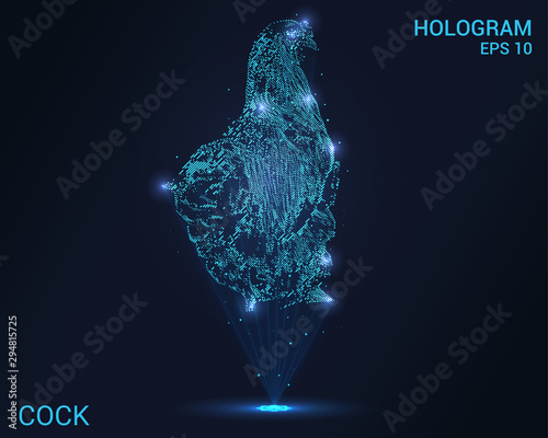 Hologram of the cock. Holographic projection of a cock. Flickering energy flux of particles. Scientific design of a bird.