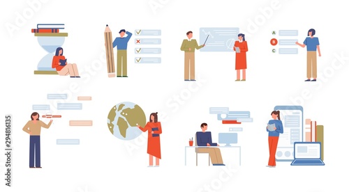Online education flat vector illustrations set. E learning, university distance classes. Exam preparation tests isolated on white. Teachers and students cartoon characters. Digital lessons.