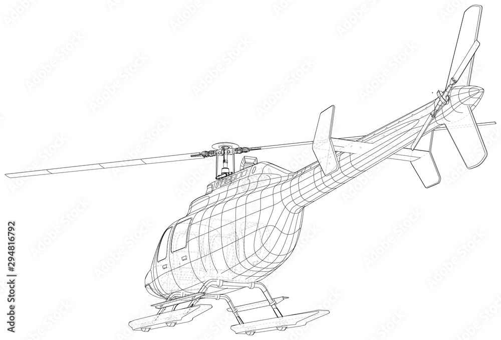 Helicopter. Created illustration of 3d. Wire-frame style. The layers of visible and invisible lines are separated
