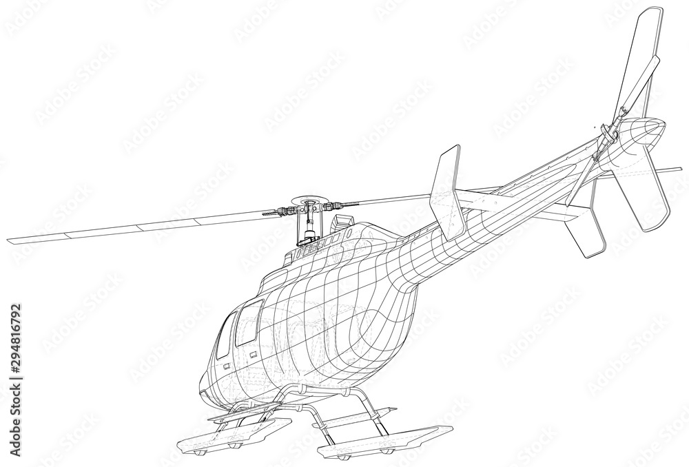 Helicopter. Created illustration of 3d. Wire-frame style. The layers of visible and invisible lines are separated Helicopter. Created illustration of 3d. Wire-frame style. The layers of visible and invisible lines are separated