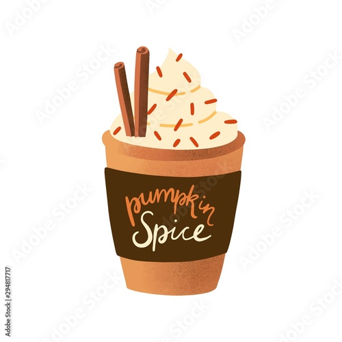 Pumpkin spice latte in disposable cup flat vector illustration