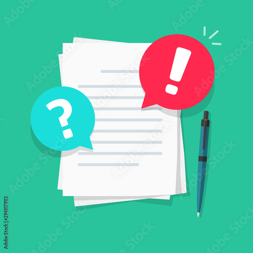 Text file or document comments and remarks vector illustration, flat cartoon warning or caution alert messages on paper letter content, attention notification chat error and question bubbles image