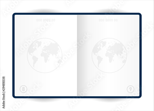 Realistic opened template passport on white background. Document for travel and immigration. Vector illustration.