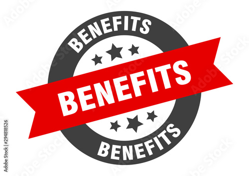 benefits sign. benefits black-red round ribbon sticker