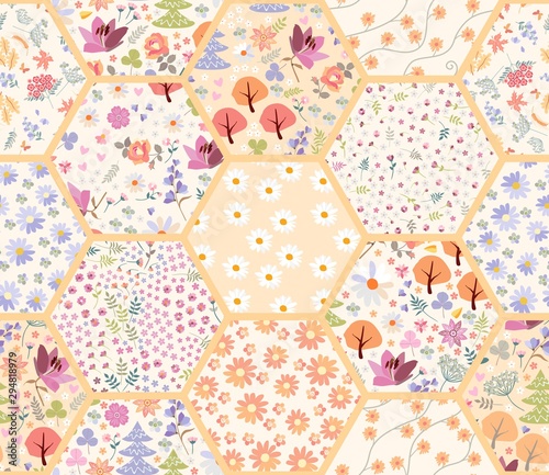 Patchwork seamless pattern from hexagon floral patches. Fairytale forest with flowers and trees. Cute quilt design.