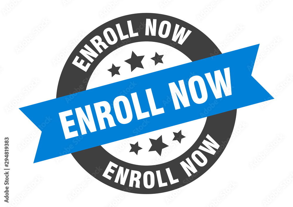Obraz premium enroll now sign. enroll now blue-black round ribbon sticker